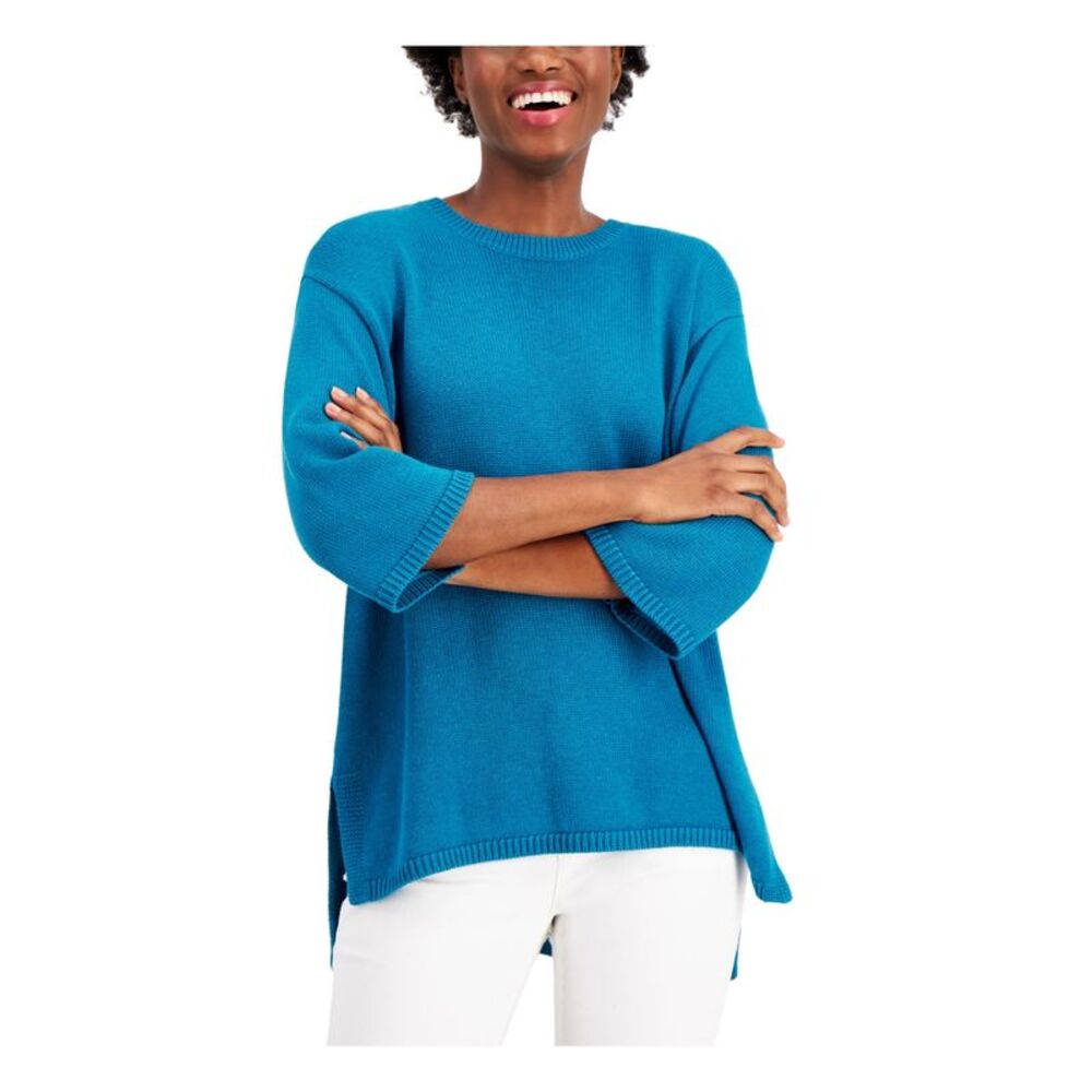 EILEEN FISHER Womens Teal Knit Drop-shoulder 3/4 Sleeve Hi-Lo Sweater XS